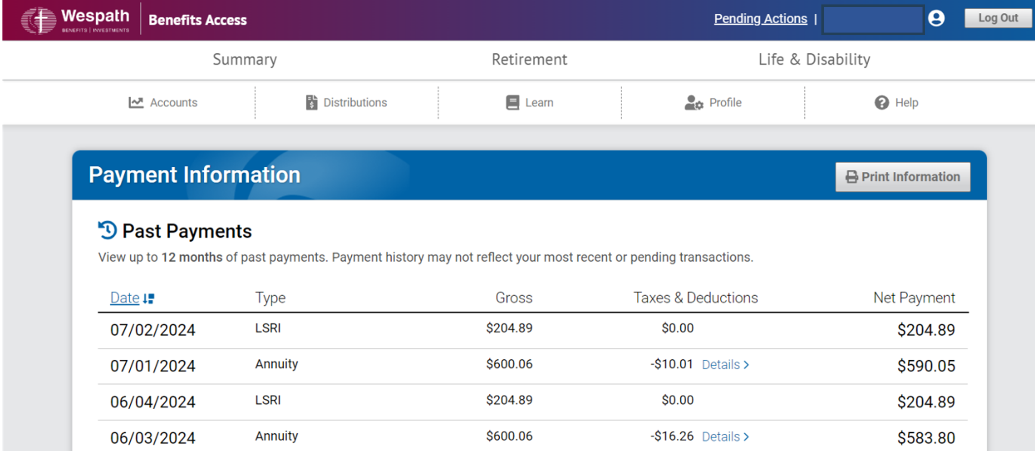 Benefits Access Payment Information